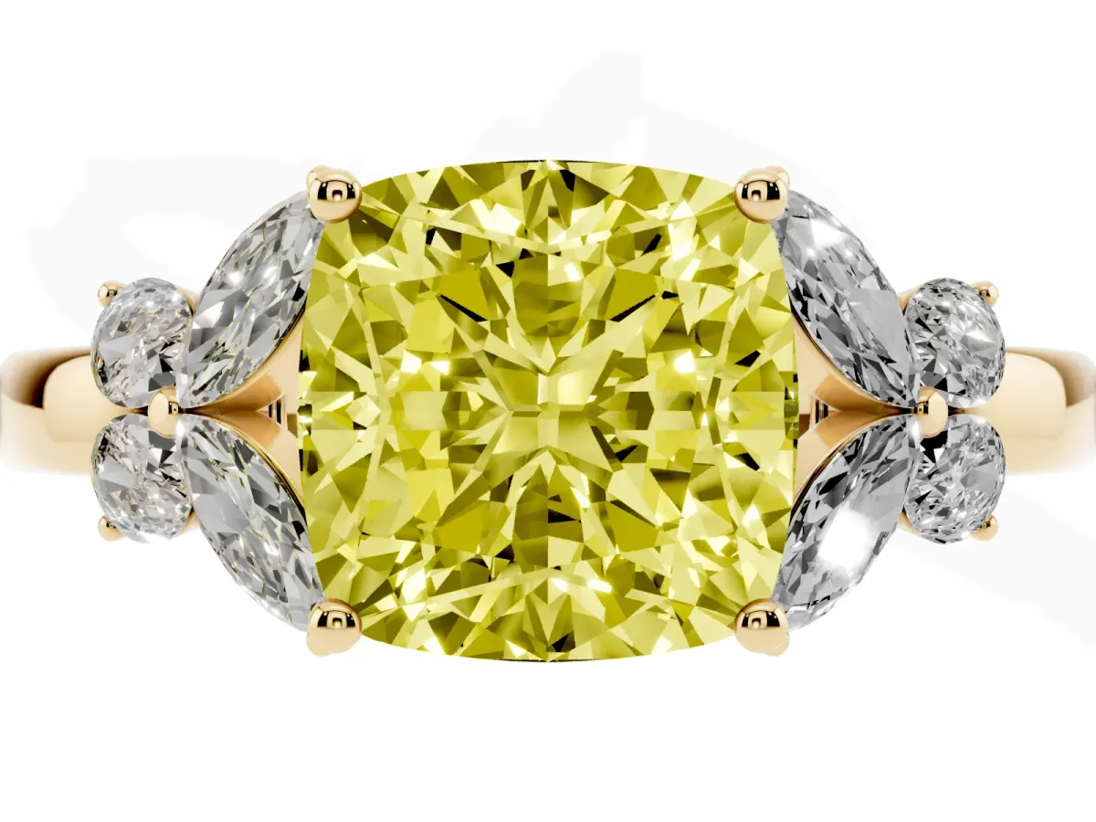 Fancy Yellow Cushion Cut Cut Solitaire Floral Diamond Ring with Four-Prong Setting Yellow gold