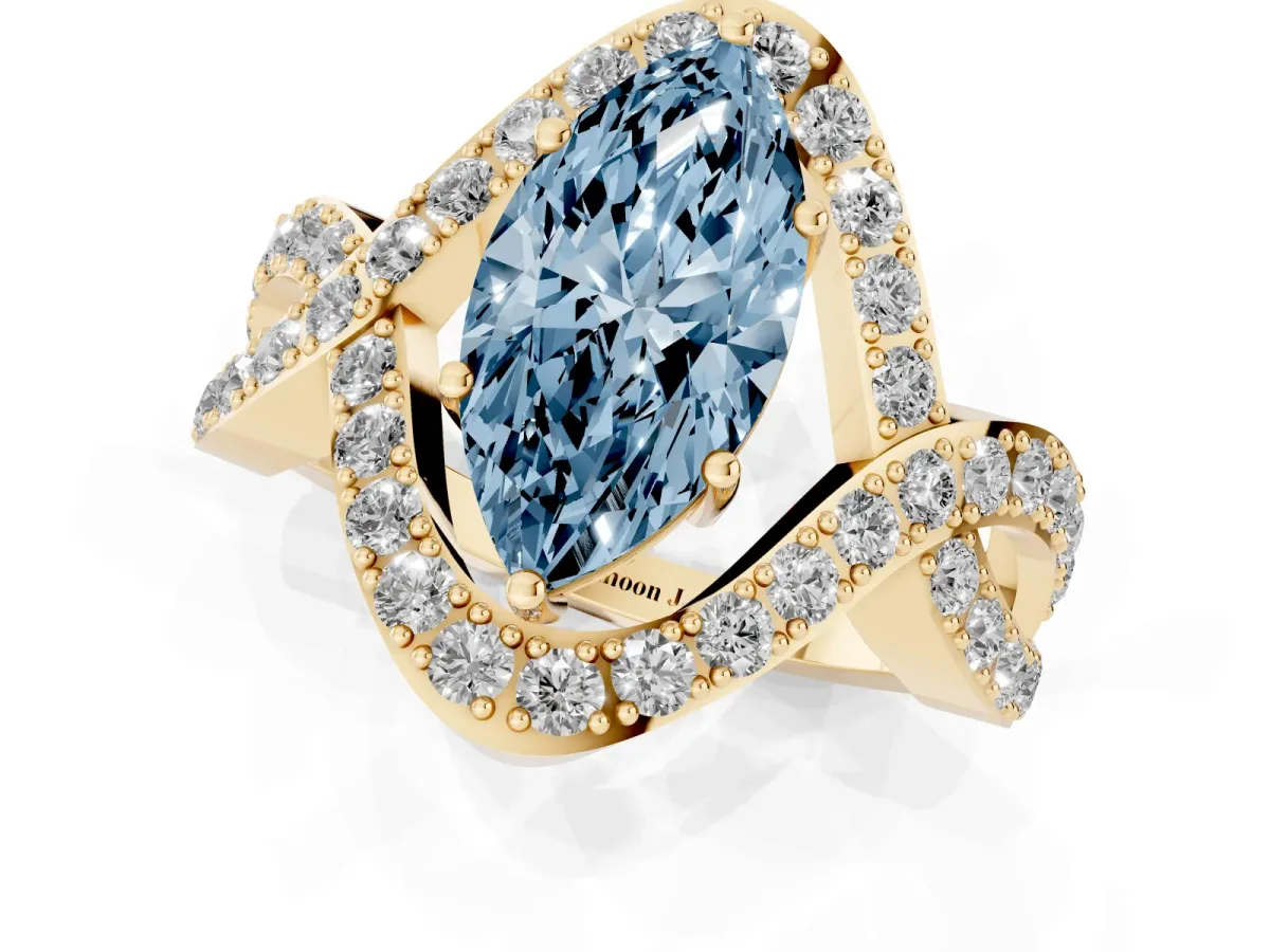 Fancy Blue Marquise Cut Solitaire Twist Band Pavé Diamond Engagement Ring Yellow gold