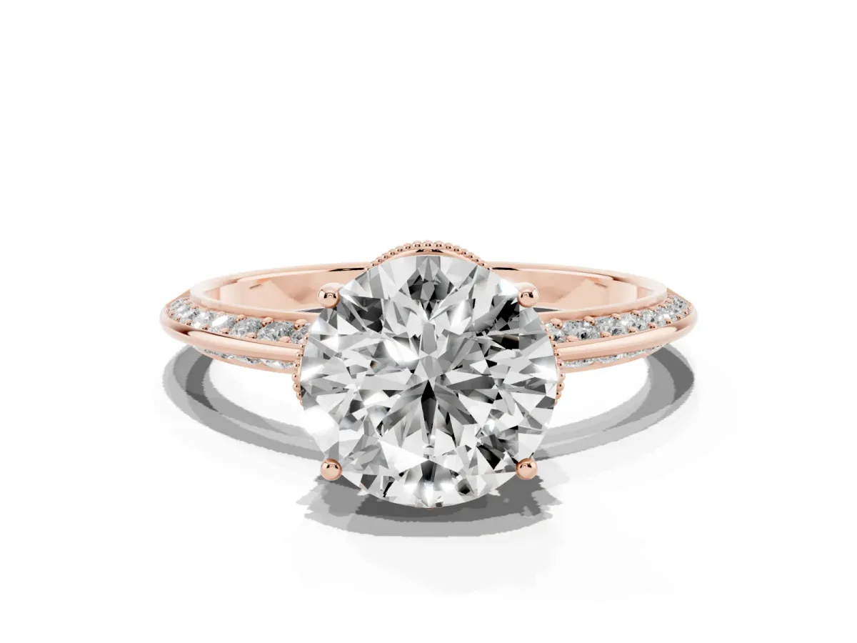 Round Cut Solitaire Split Shank Pave Diamond Engagement Ring with Four-Prong Setting Rose gold