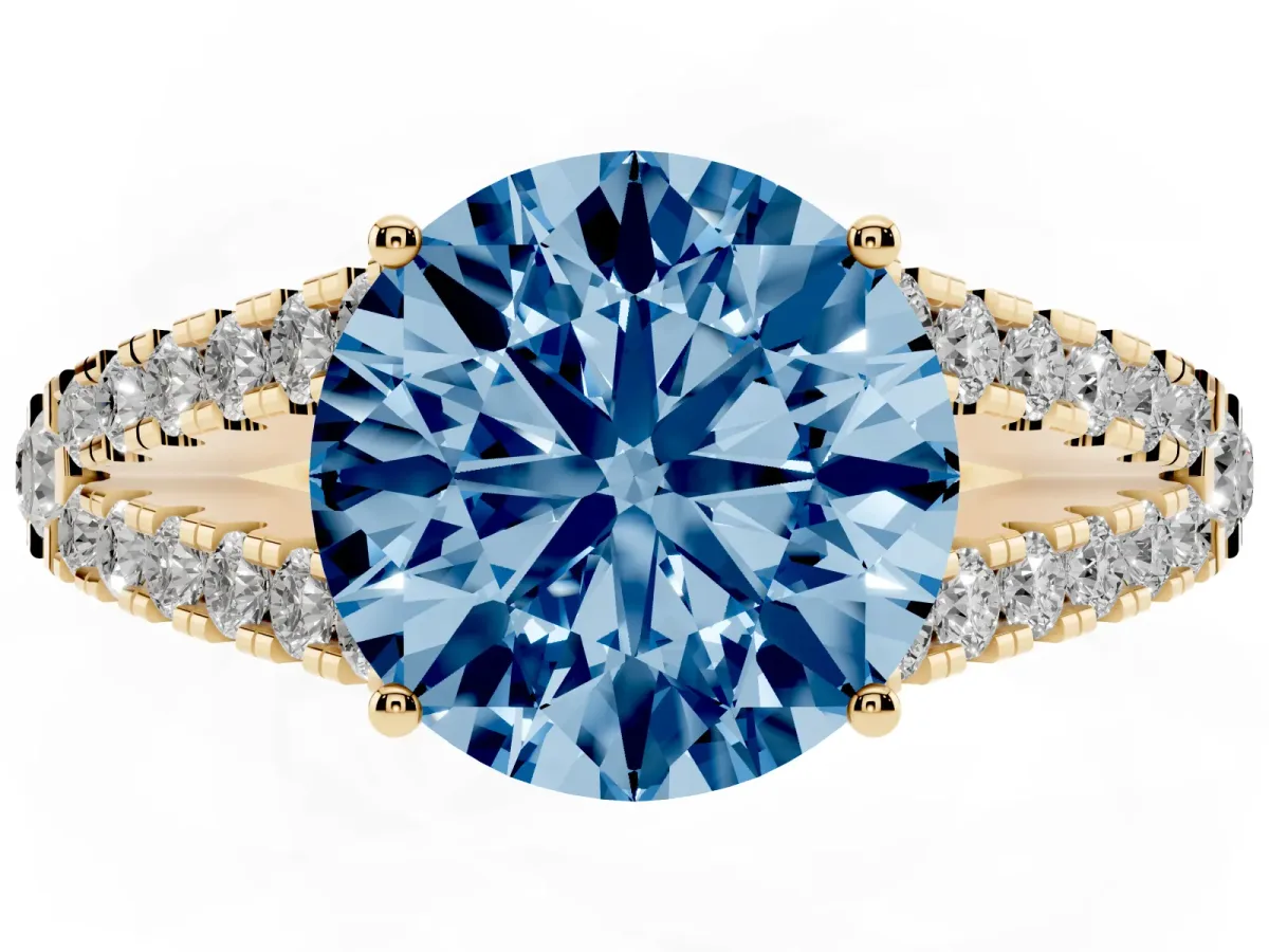 Fancy Blue Round Cut Diamond Split Shank Engagement Ring with Round Pavé and Prong Setting Yellow gold