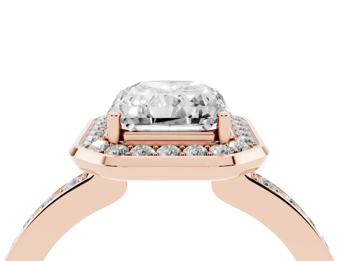 Radiant Cut Diamond Halo Ring with Bezel Frame and Pavé Band Rose gold