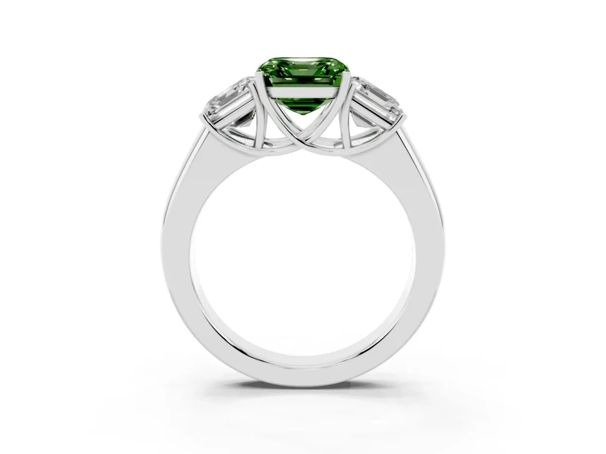 Fancy Green Three-Stone Asscher Cut Cut Diamond Ring with Prong Setting and Classic Band Silver