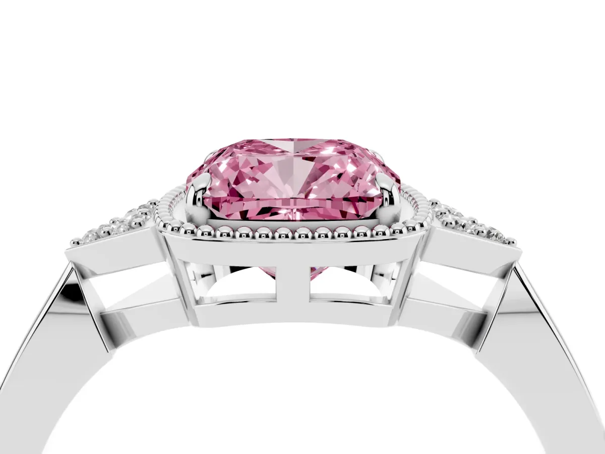 Fancy Pink Hexagonal Halo Cushion Cut Diamond Solitaire with Pavé Band and Four-Prong Setting Silver
