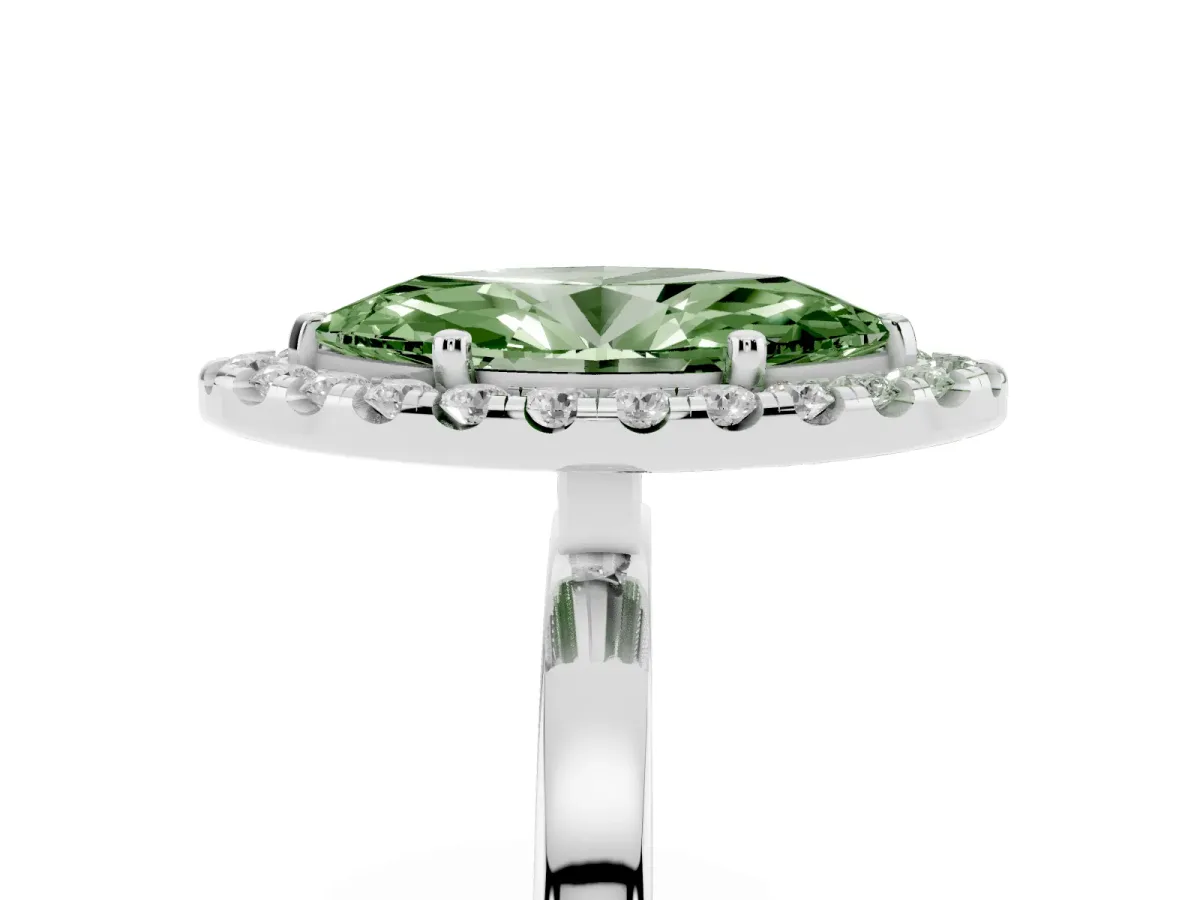 Fancy Green Marquise Cut Halo Diamond Solitaire with Pavé Band and Four-Prong Setting White gold