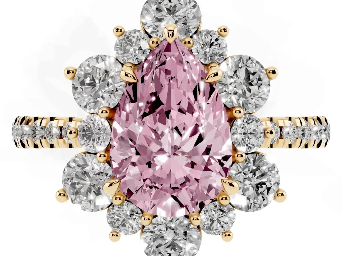 Fancy Pink Pear Cut Diamond Floral Halo Ring with Round Pavé Band and Prong Setting Yellow gold
