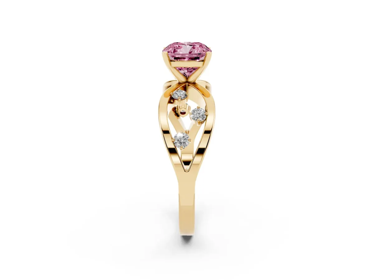 Fancy Pink Cushion Cut Cut Solitaire Diamond with Side Stones on Criss-Cross Band and Four-Prong Setting Yellow gold