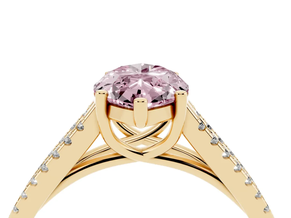 Fancy Pink Marquise Cut Diamond Solitaire Engagement Ring with Split Shank Pavé Band Yellow gold