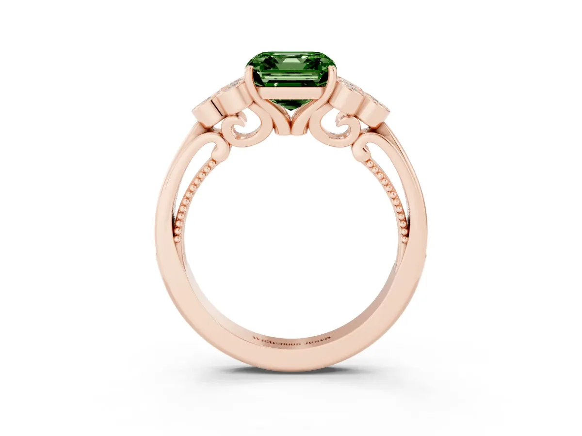 Fancy Green Asscher Cut Cut Diamond Engagement Ring with Bezel Set Round Side Stones and Prong Setting Rose gold