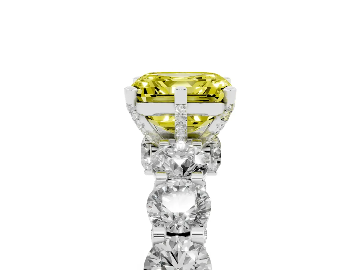 Fancy Yellow Asscher Cut Diamond Side Stone Engagement Ring with Four-Prong Setting White gold