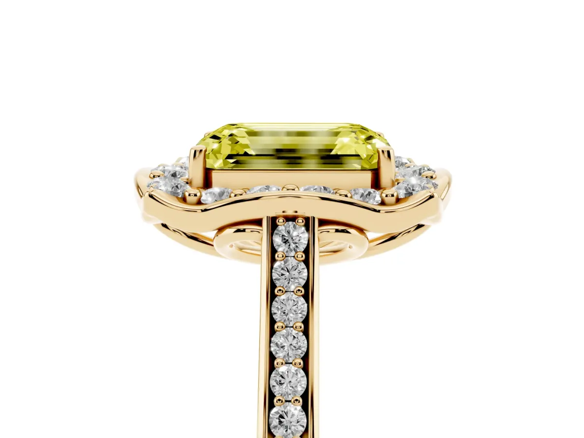 Fancy Yellow Emerald Cut Halo Round Diamond Pave Band with Four-Prong Setting Yellow gold