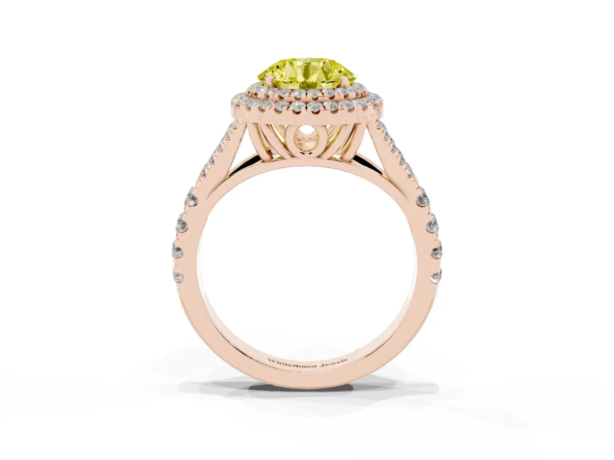 Fancy Yellow Round Cut Diamond Double Halo Ring with Split Shank and Prong Setting Rose gold