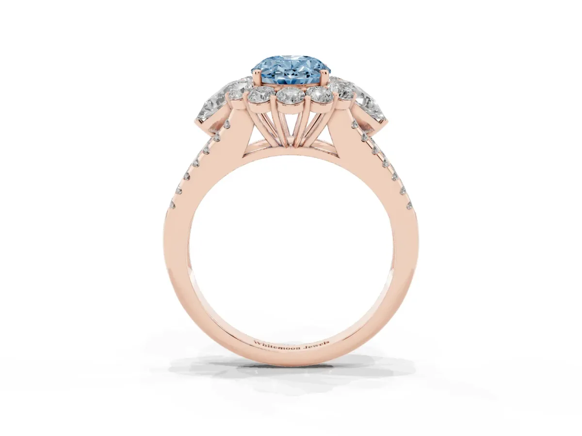 Fancy Blue Oval Cut Halo Split Shank Diamond Engagement Ring with Prong Setting Rose gold