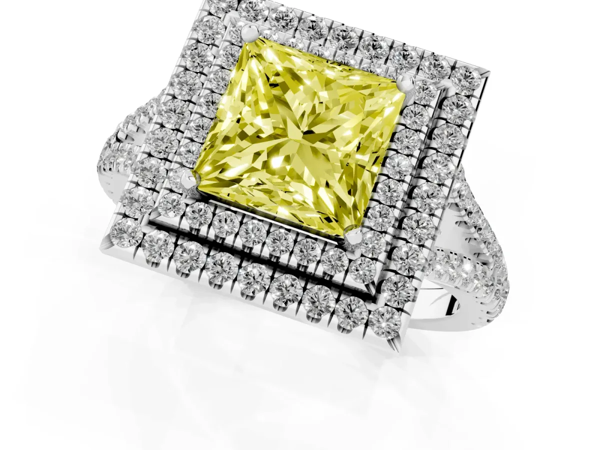 Fancy Yellow Princess Cut Diamond Double Halo Ring with Pavé Band and Prong Setting White gold