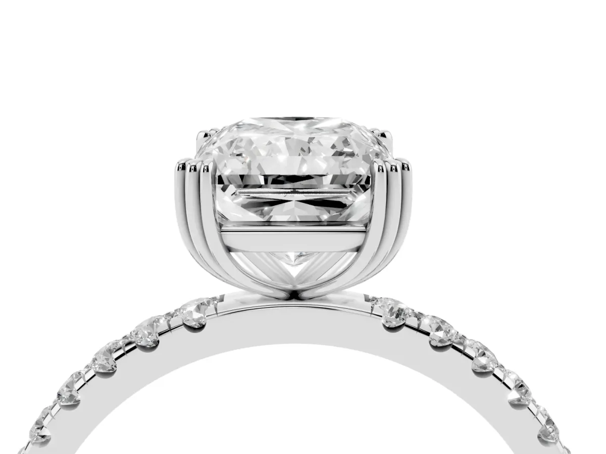 Radiant Cut Brilliant Solitaire with Pavé Band and Claw Prong Setting Silver