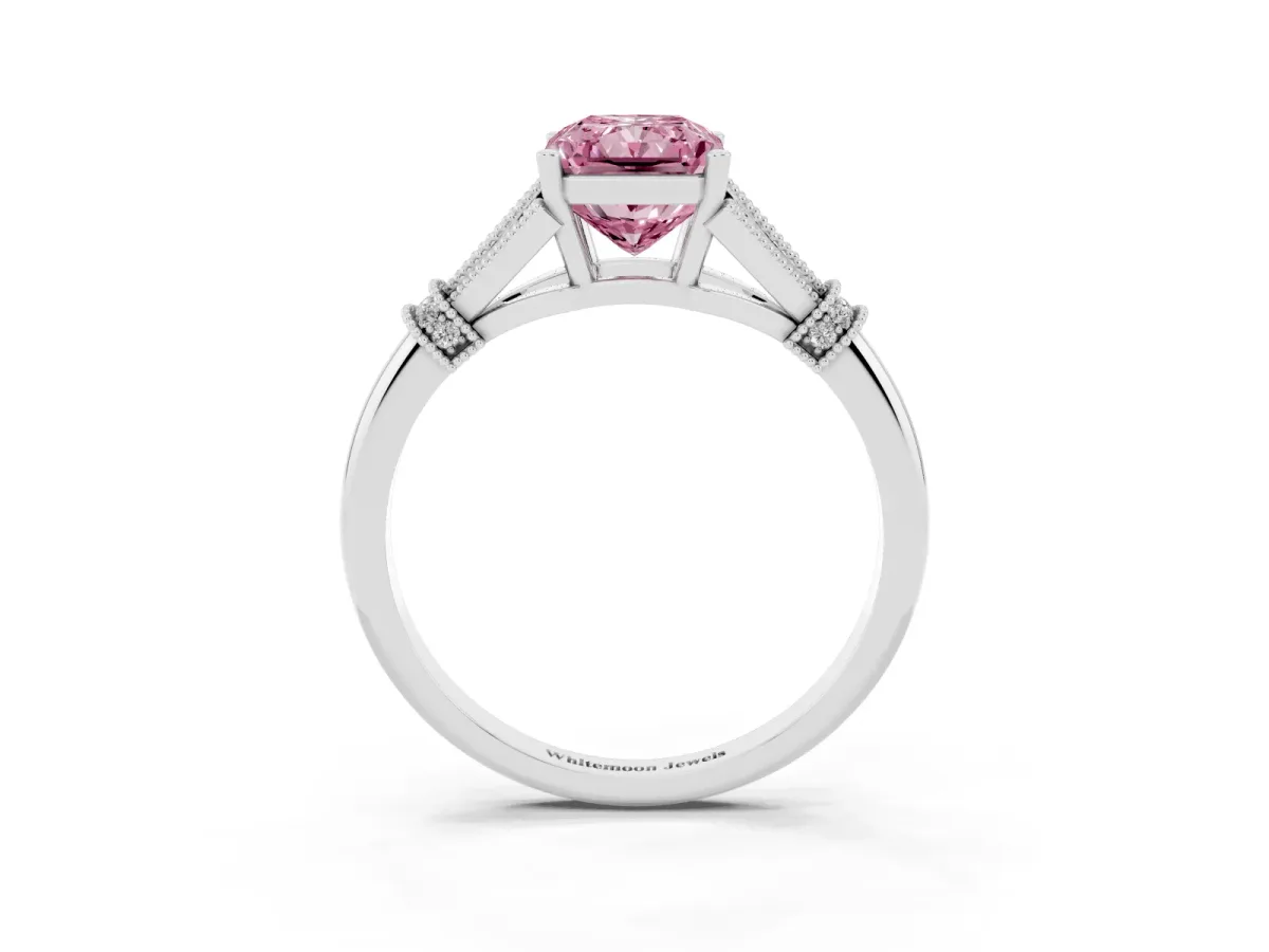 Fancy Pink Radiant Cut Diamond Solitaire Ring with Floral Filigree and Pave Accents White gold