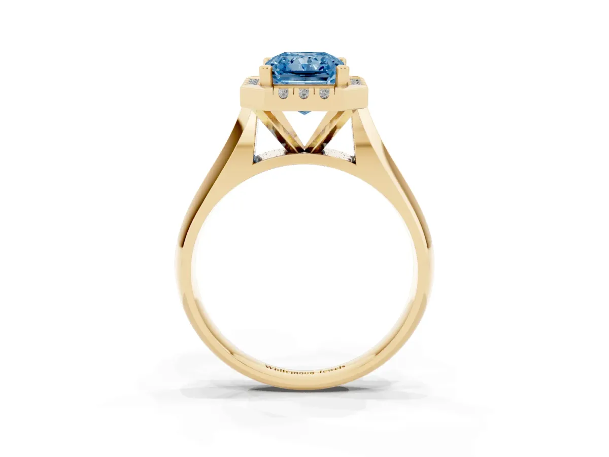 Fancy Blue Radiant Cut Cut Halo Solitaire Engagement Ring with Square Band and Four-Prong Setting Yellow gold