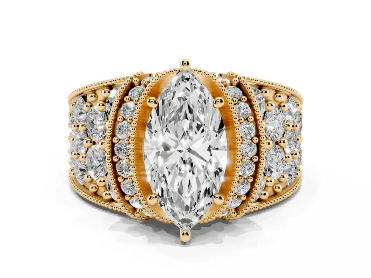 Marquise Cut Halo Pave Diamond Engagement Ring with Milgrain Detailing Yellow gold