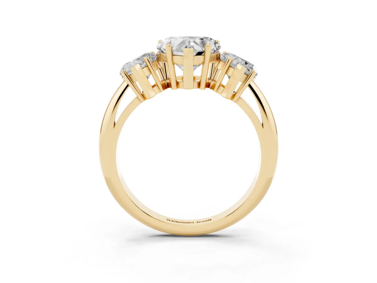 Three-Stone Heart Cut Cut Diamond Engagement Ring with Prong Setting on a White Gold Band Yellow gold