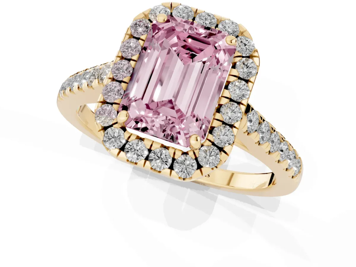Fancy Pink Emerald Cut Halo Pave Diamond Engagement Ring with Four-Prong Setting Yellow gold