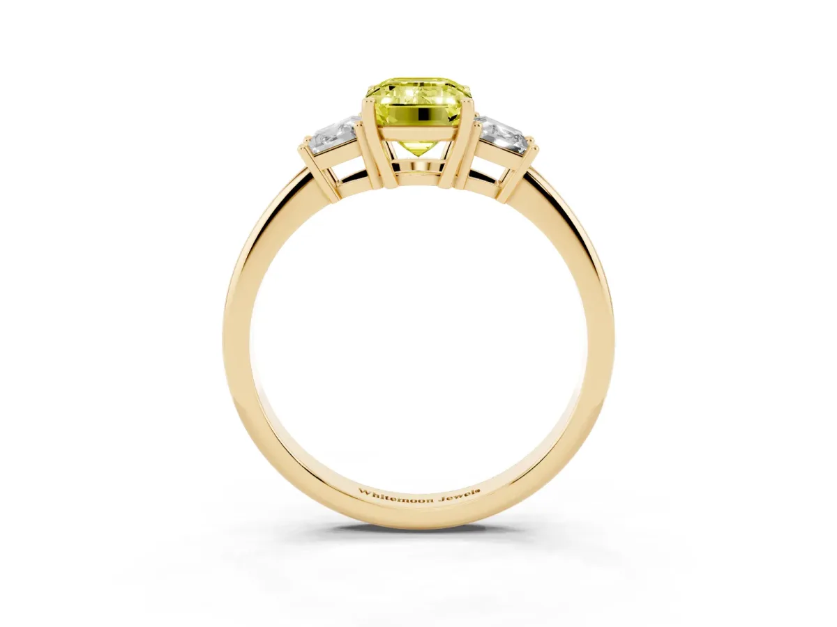 Fancy Yellow Emerald Cut Diamond Three-Stone Ring with Trapezoid Side Stones and Prong Setting Yellow gold