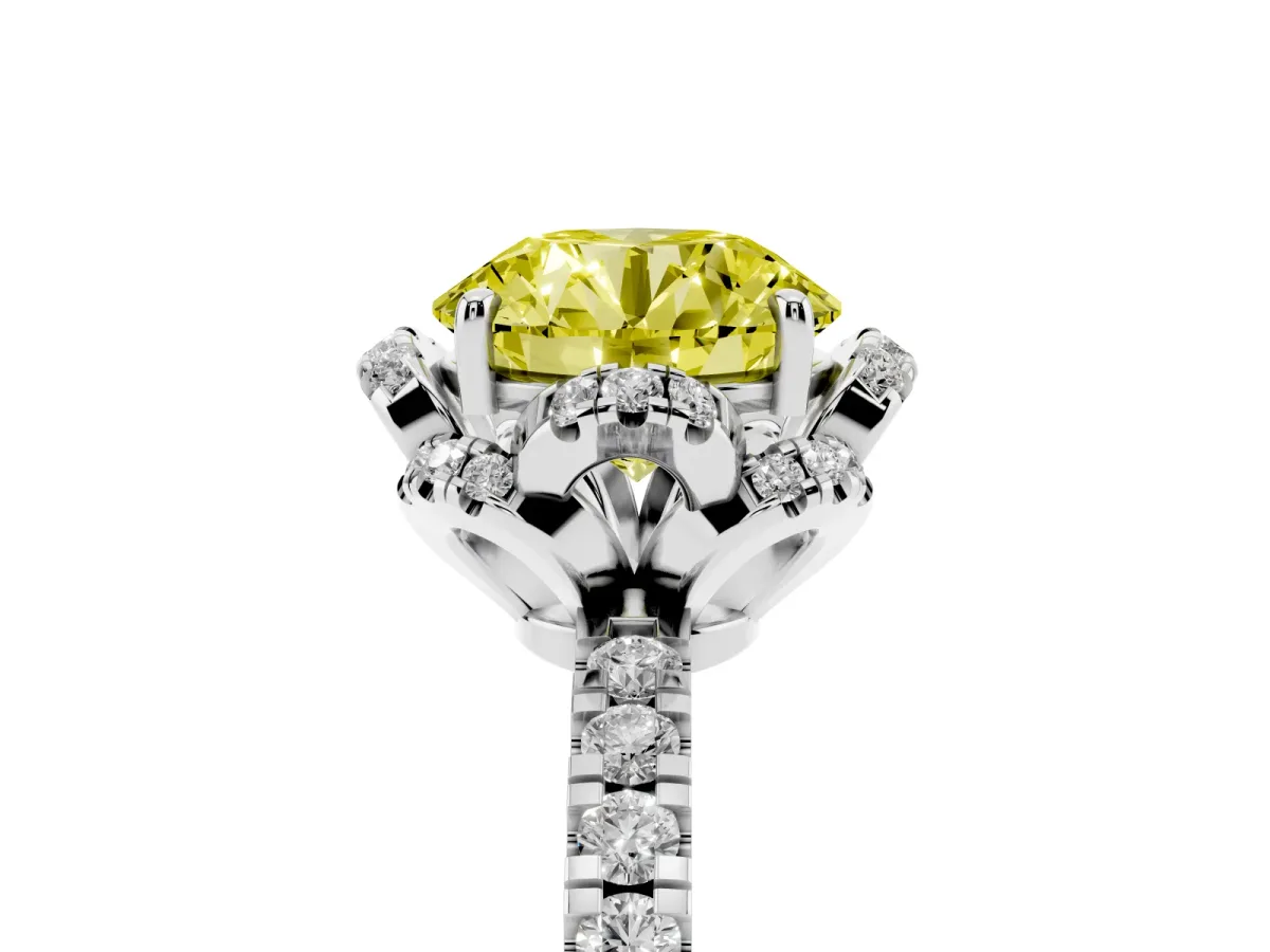 Fancy Yellow Round Cut Diamond Halo Pave Band with Four-Prong Setting Silver