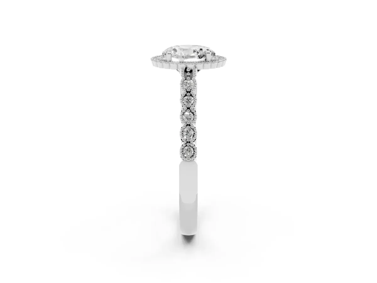 Round Cut Cut Halo Pavé Solitaire Ring with Milgrain Band Silver