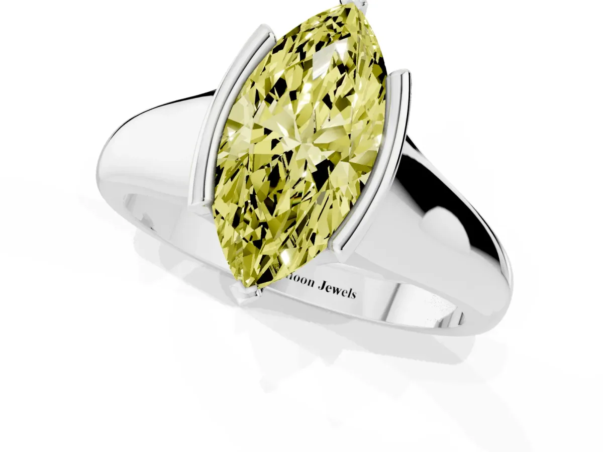 Fancy Yellow Marquise Cut Solitaire Tension Set Diamond Ring with Split Shank Band Silver