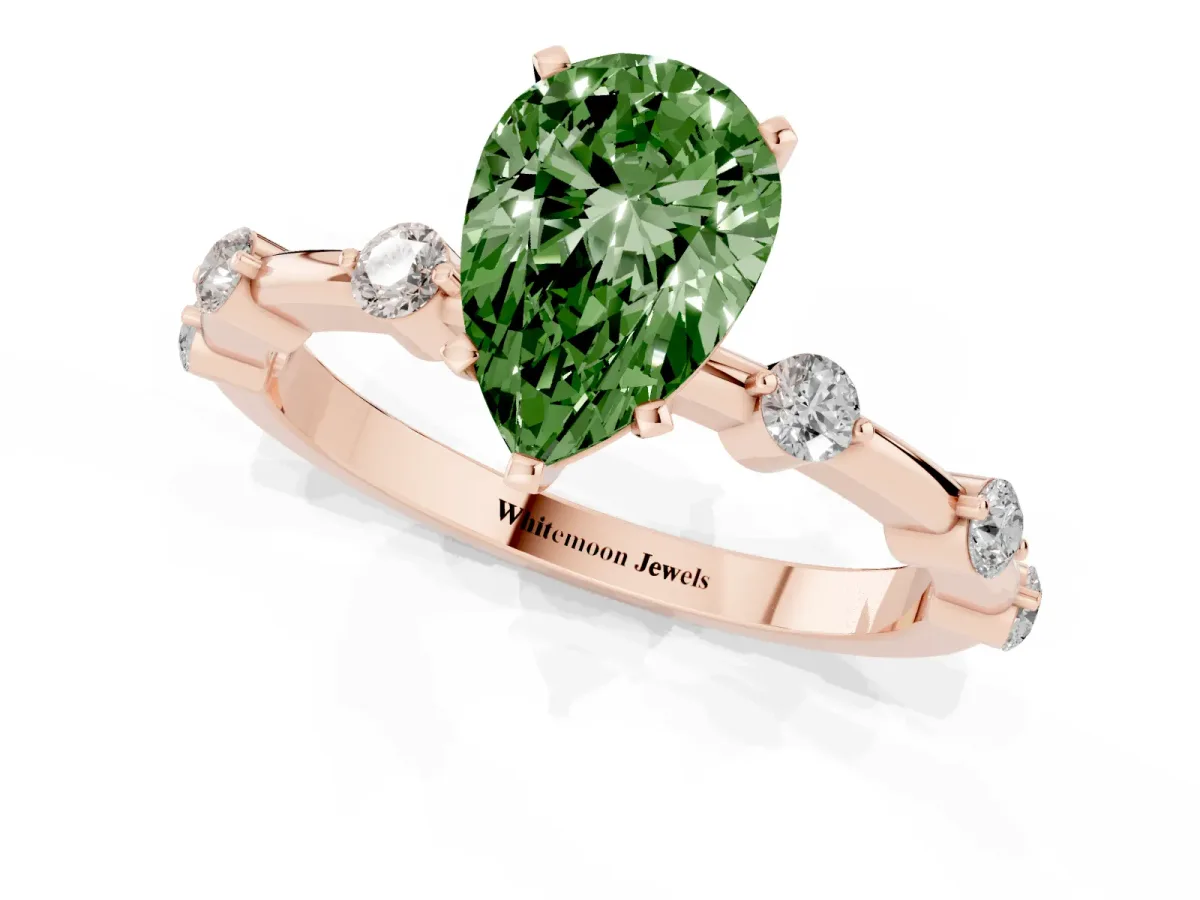 Fancy Green Pear Cut Solitaire Diamond Ring with Bezel Set Side Stones and Prong Setting Rose gold