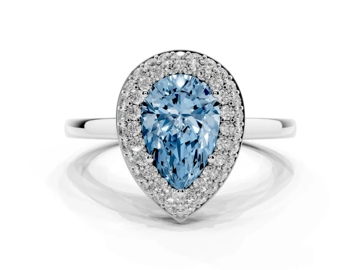 Fancy Blue Pear Cut Halo Diamond Engagement Ring with Solitaire Band and Four-Prong Setting Silver