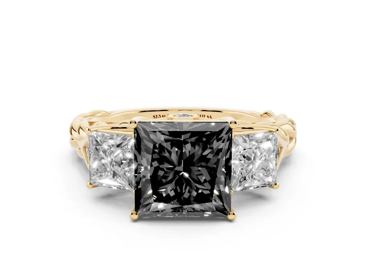 Fancy Black Three-Stone Princess Cut Diamond Braided Band Ring with Four-Prong Setting Yellow gold