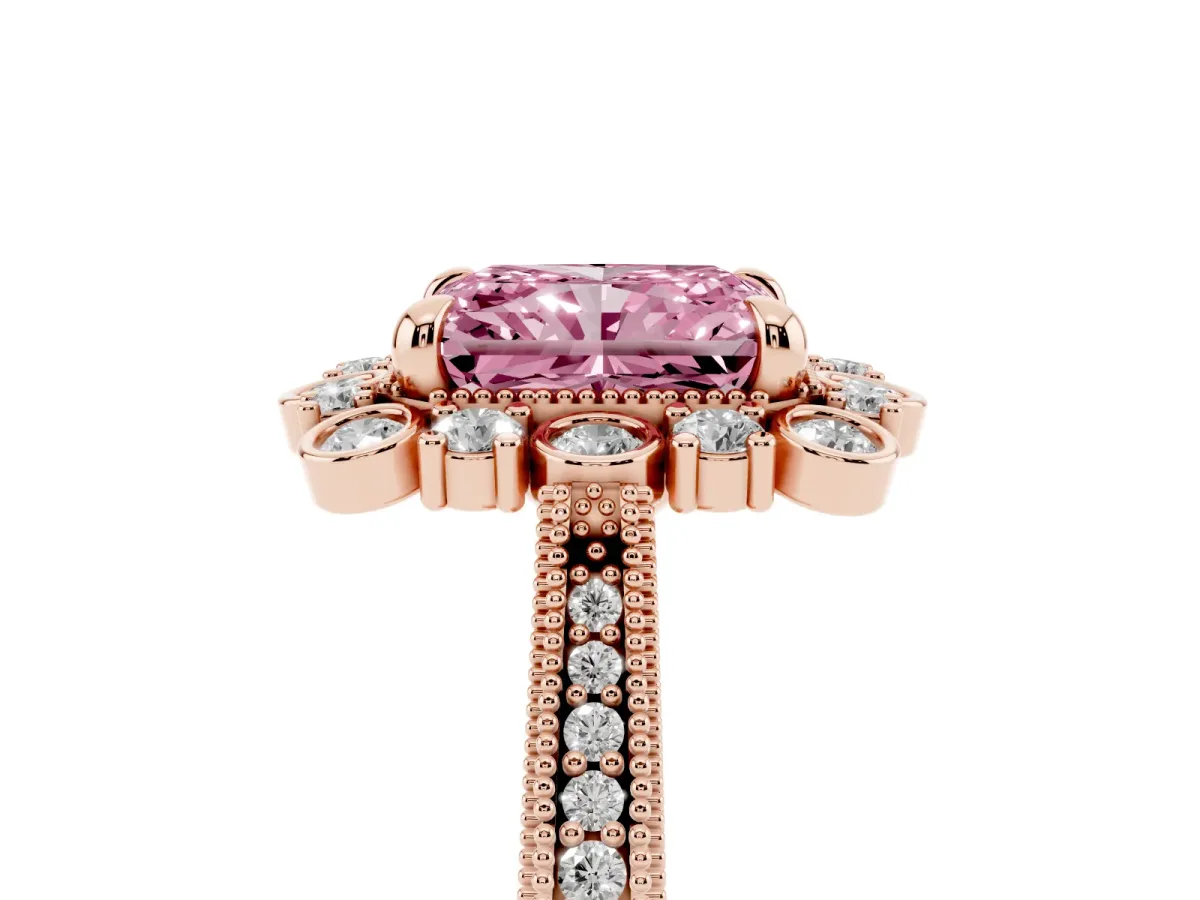 Fancy Pink Radiant Cut Halo Milgrain Pave Diamond Ring with Four-Prong Setting Rose gold