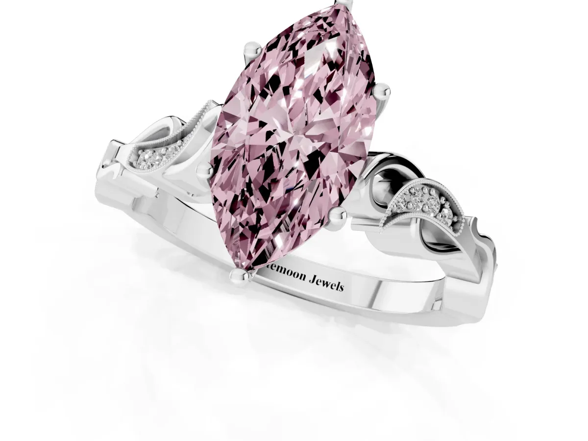 Fancy Pink Marquise Cut Solitaire Vine Band with Milgrain Prong Setting Silver