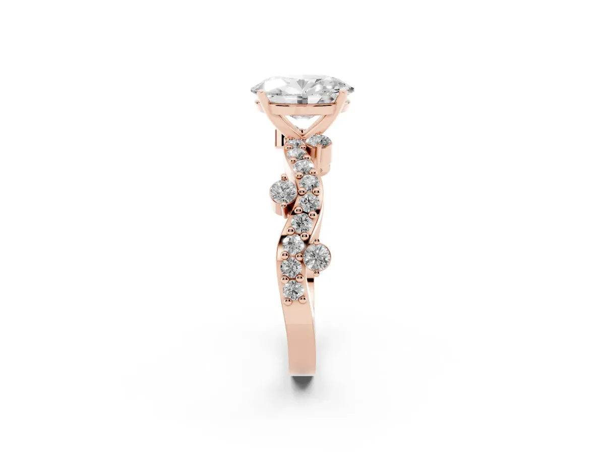 Oval Cut Cut Solitaire Diamond Twisted Band with Pave Setting Rose gold