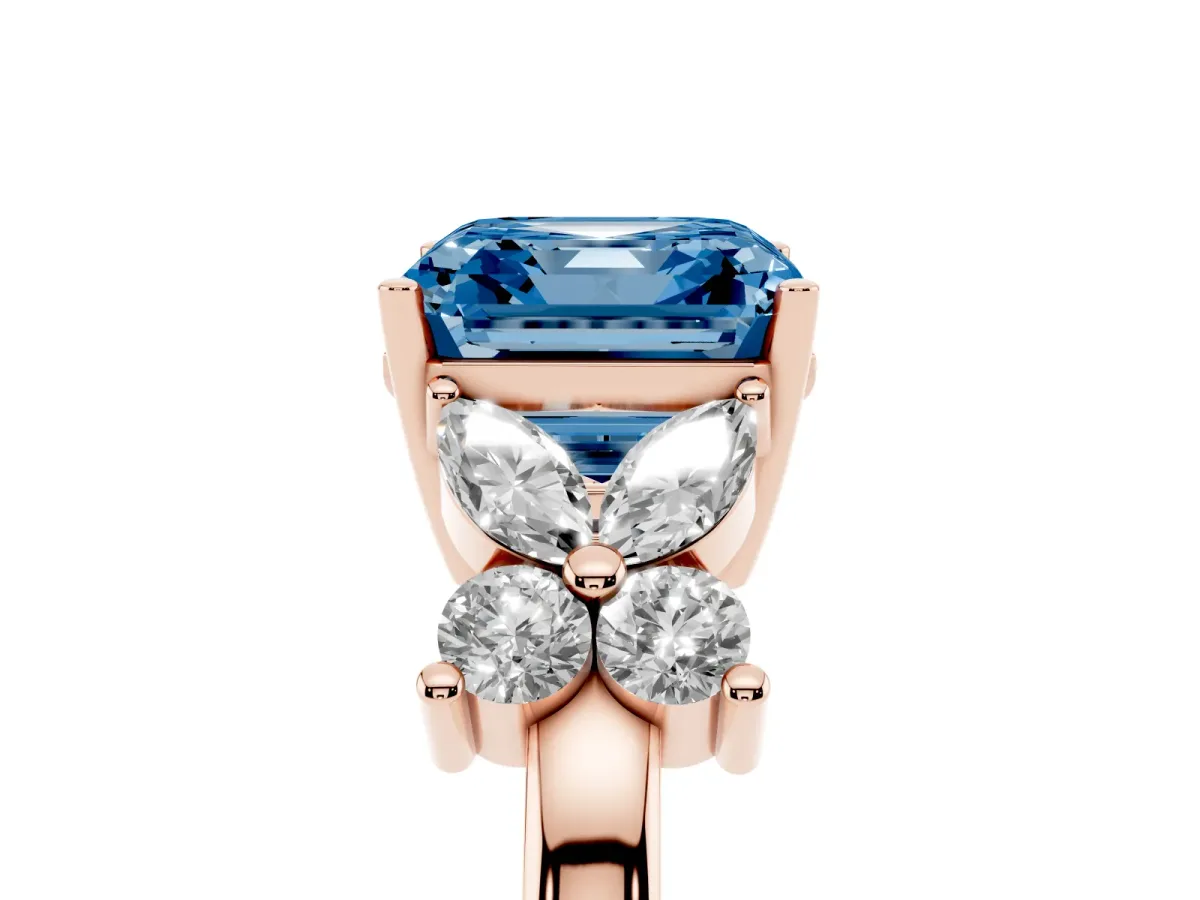 Fancy Blue Asscher Cut Diamond Floral Cluster Ring with Solitaire Band and Prong Setting Rose gold