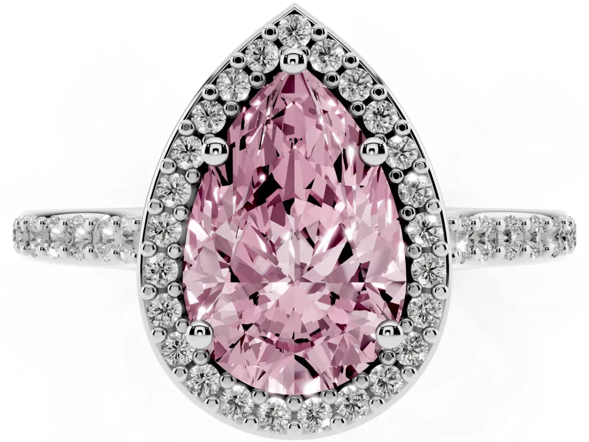 Fancy Pink Pear Cut Diamond Halo Engagement Ring with Round Pavé Shoulders and Prong Setting White gold