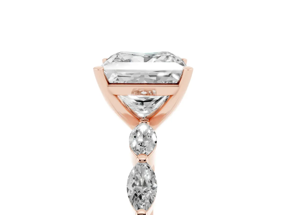 Princess Cut Diamond Ring with Marquise Side Stones and Prong Setting Rose gold