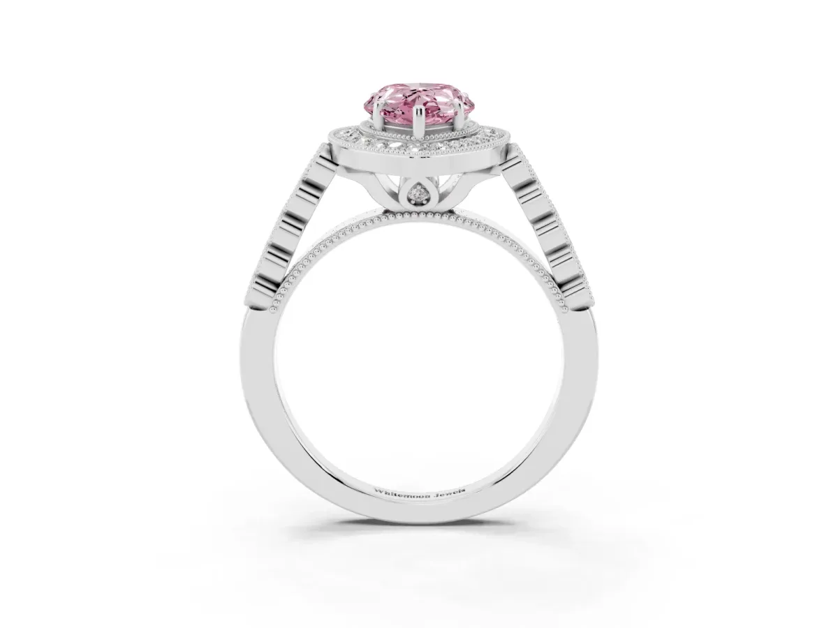 Fancy Pink Pear Cut Halo Twist Band Solitaire Ring with Six-Prong Setting Silver