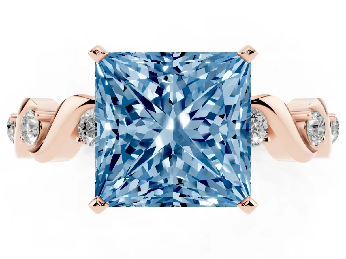 Fancy Blue Princess Cut Diamond Solitaire Twisted Band with Round Accents and Prong Setting Rose gold