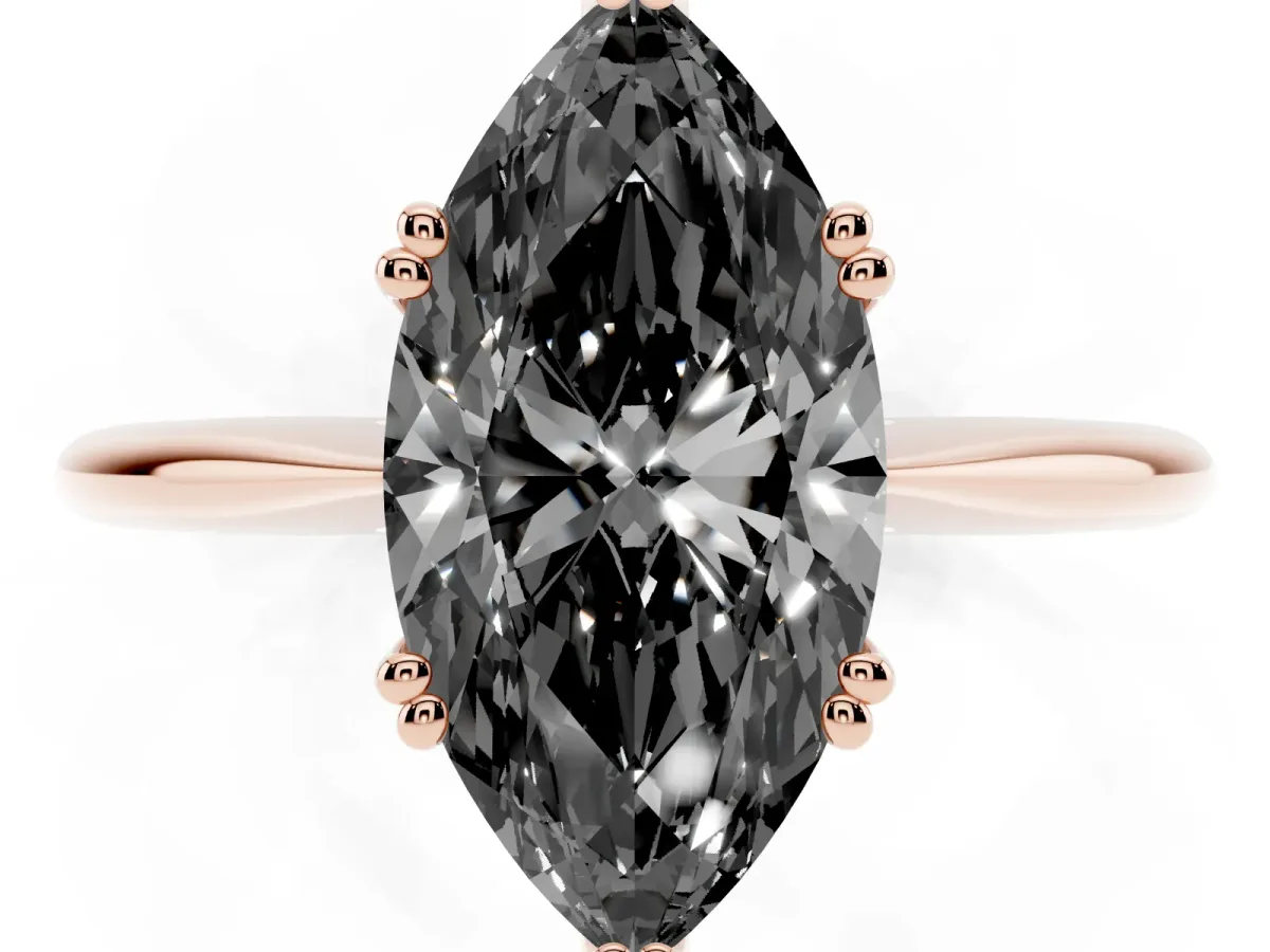 Fancy Black Marquise Cut Solitaire Diamond Ring with Six-Prong Setting and Classic Band Rose gold