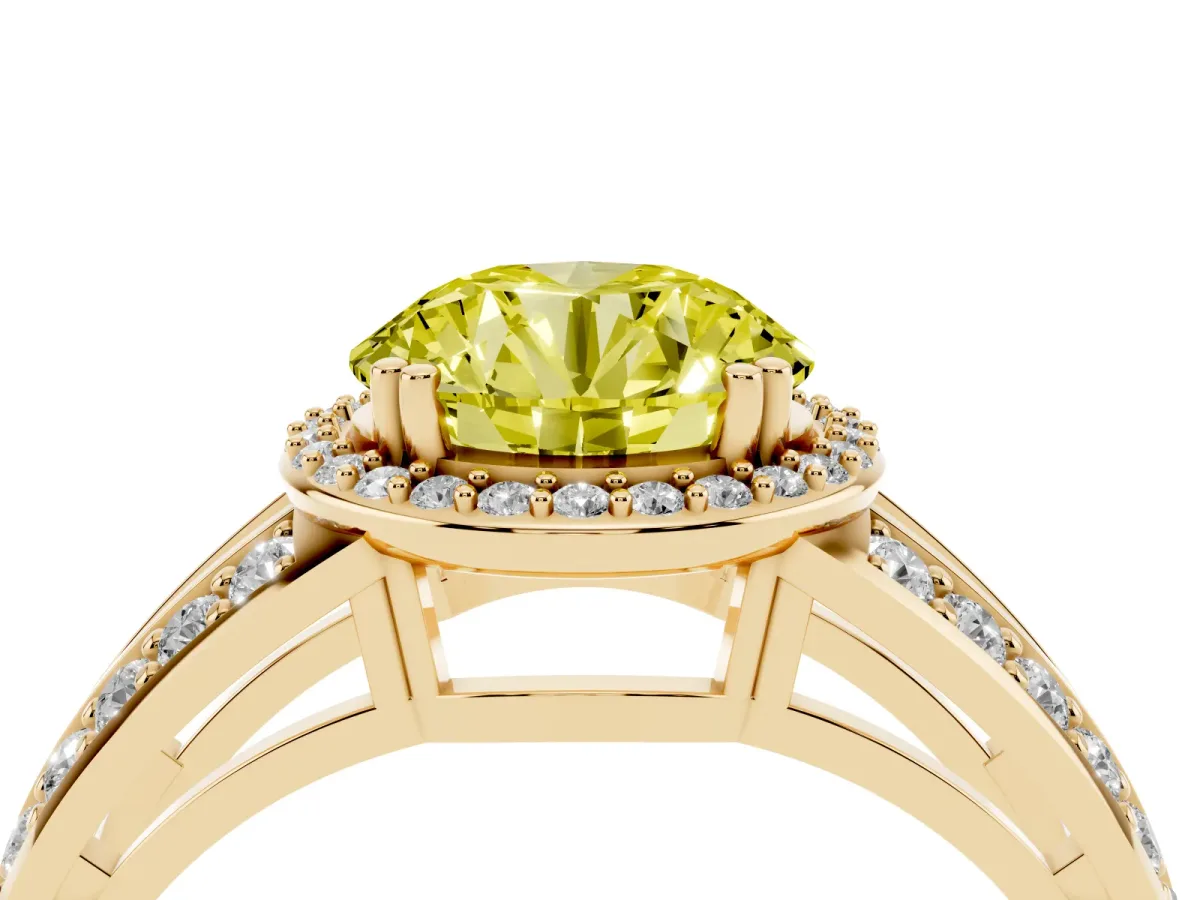 Fancy Yellow Round Cut Diamond Halo Ring with Split Shank Pavé Band and Four-Prong Setting Yellow gold