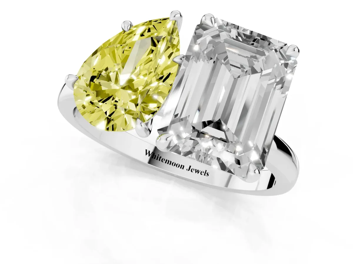 Fancy Yellow Pear Cut and Emerald Cut Toi Moi Ring with Prong Setting Silver
