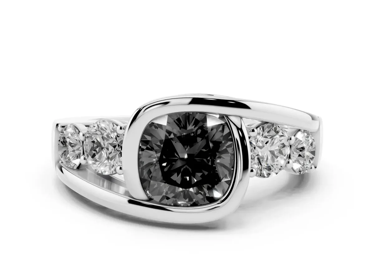 Fancy Black Bezel Set Cushion Cut Diamond Bypass Ring with Round Accents Platinum