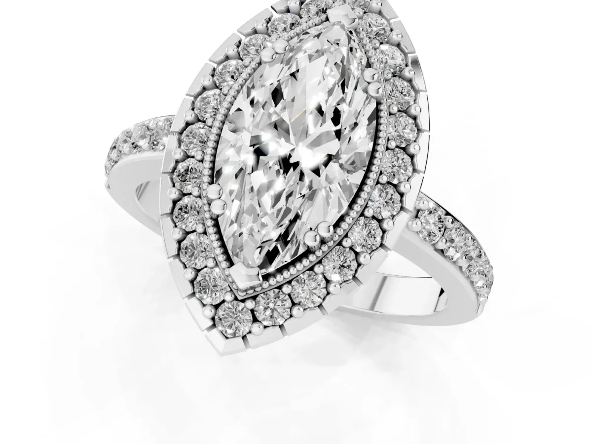 Marquise Cut Diamond Halo Ring with Pavé Band and Prong Setting White gold