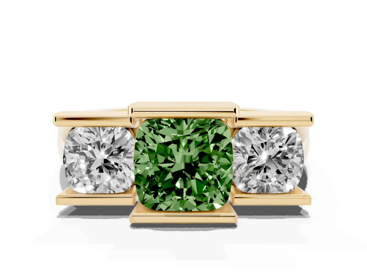 Fancy Green Three Stone Cushion Cut Cut Channel Set Diamond Ring Yellow gold