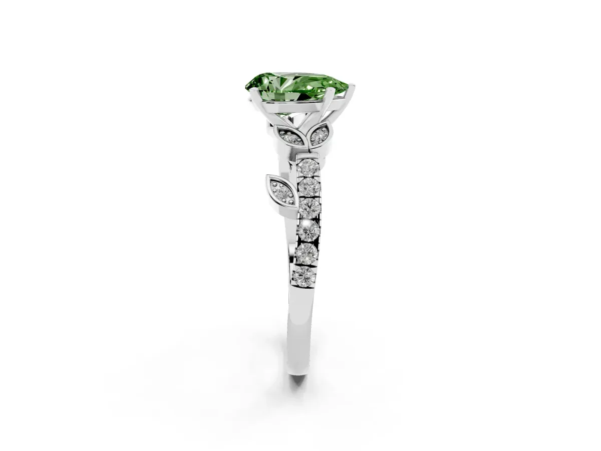 Fancy Green Pear Cut Solitaire Leaf-Inspired Diamond Ring with Pavé Band and Four-Prong Setting Silver