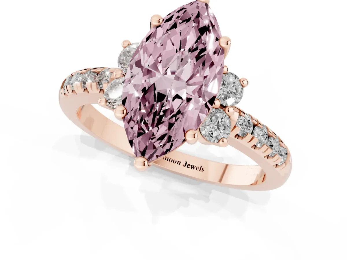 Fancy Pink Marquise Cut Diamond Three-Stone Pave Band with Four-Prong Setting Rose gold