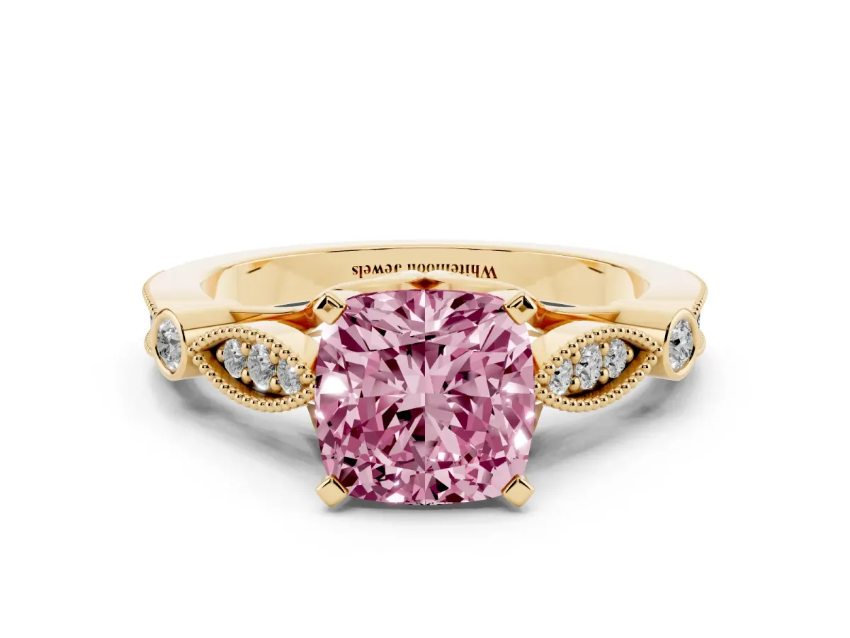 Fancy Pink Cushion Cut Cut Diamond with Milgrain Marquise and Bezel Accents on a Solitaire Band with Prong Setting Yellow gold