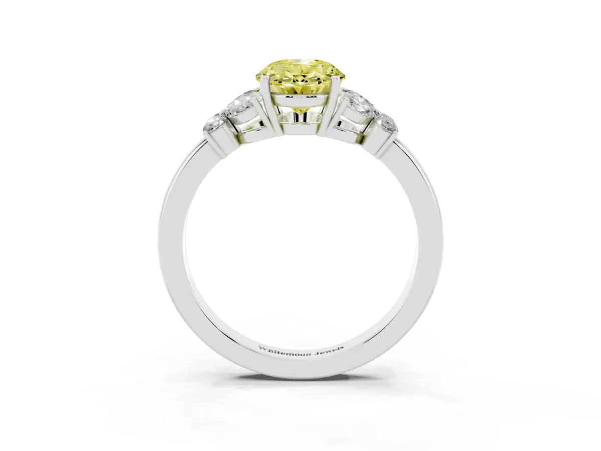 Fancy Yellow Oval Cut Cut Solitaire Floral Diamond Ring with Four-Prong Setting Platinum