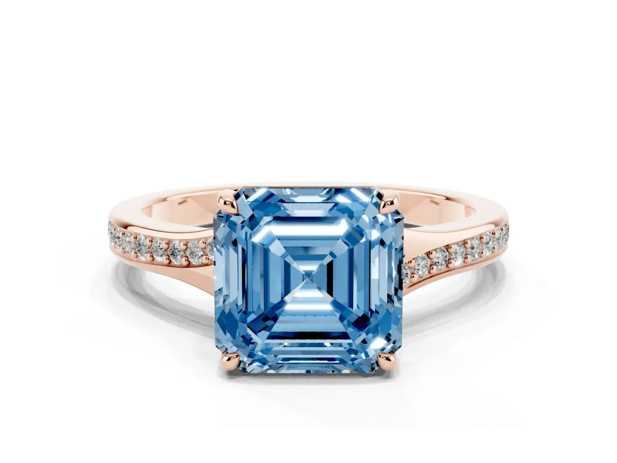 Fancy Blue Asscher Cut Diamond Solitaire Ring with Pavé Band and Prong Setting Rose gold