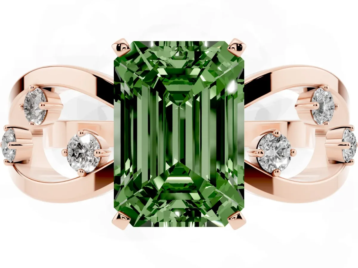 Fancy Green Emerald Cut Cut Solitaire Diamond with Side Stones on Criss-Cross Band and Four-Prong Setting Rose gold